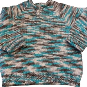 Vintage Handmade Knit Girls' Pullover Sweater EUC Size 4 To 6 Aqua White Gray